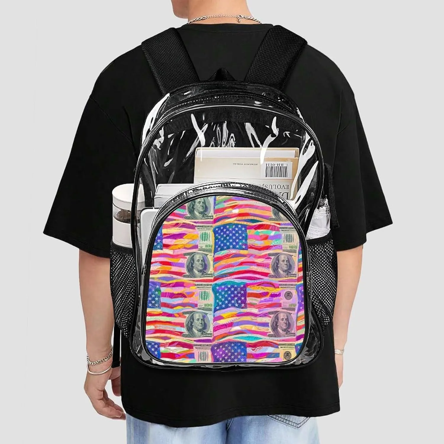 Supdreamc Men & Women Lightweight American Flag Money Colorful Bill Dollars Art Casual Daypack Large Capacity Bookbag Transparent Bag for Gym Business Bicycle
