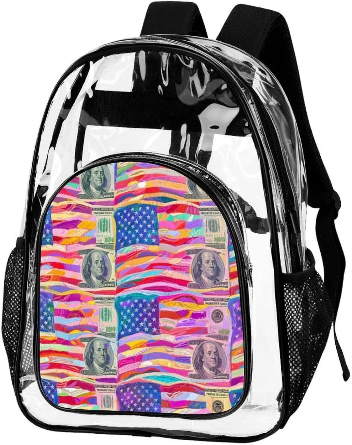 Supdreamc Men & Women Lightweight American Flag Money Colorful Bill Dollars Art Casual Daypack Large Capacity Bookbag Transparent Bag for Gym Business Bicycle