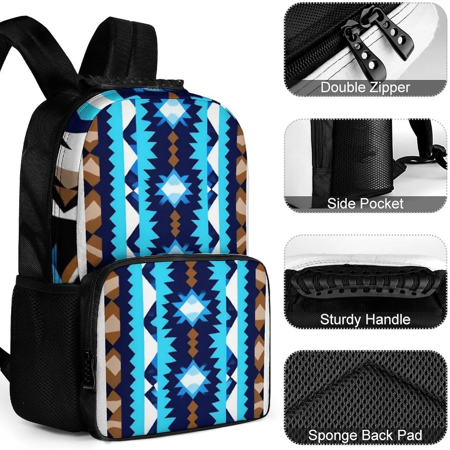 Supdreamc Men Women Lightweight Blue Geometric Tribal Navajo Aztec Ethnic Daypack Bookbag Big Capacity Carry On Bag With Side Pockets for Camping Travel Bicycle