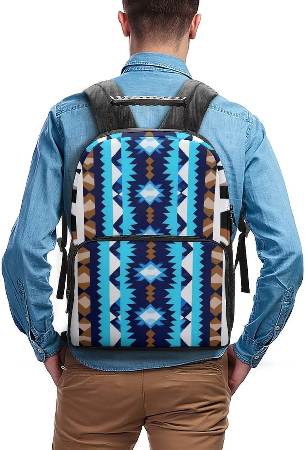 Supdreamc Men Women Lightweight Blue Geometric Tribal Navajo Aztec Ethnic Daypack Bookbag Big Capacity Carry On Bag With Side Pockets for Camping Travel Bicycle