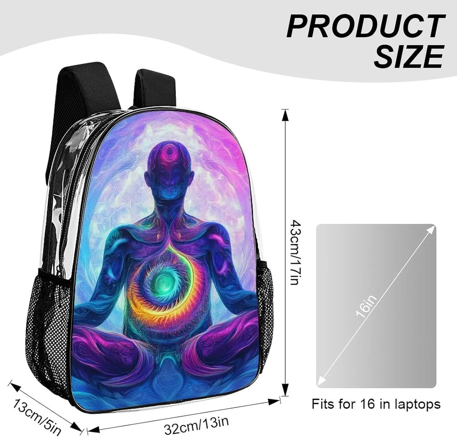Supdreamc Men Women Lightweight Meditation Rainbow Spiral Art Backpack Large Capacity Carry On Bag Transparent Bag for Sports Work Walking Cycling