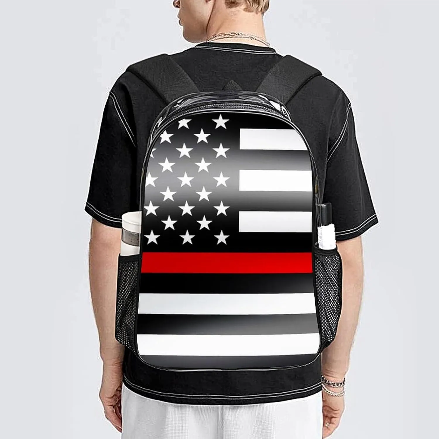 Supdreamc Men Women Lightweight Modernamerican Thin Red Line Flag Casual Daypack Big Capacity Bookbag Transparent Bag for Gym Travel Walking Cycling