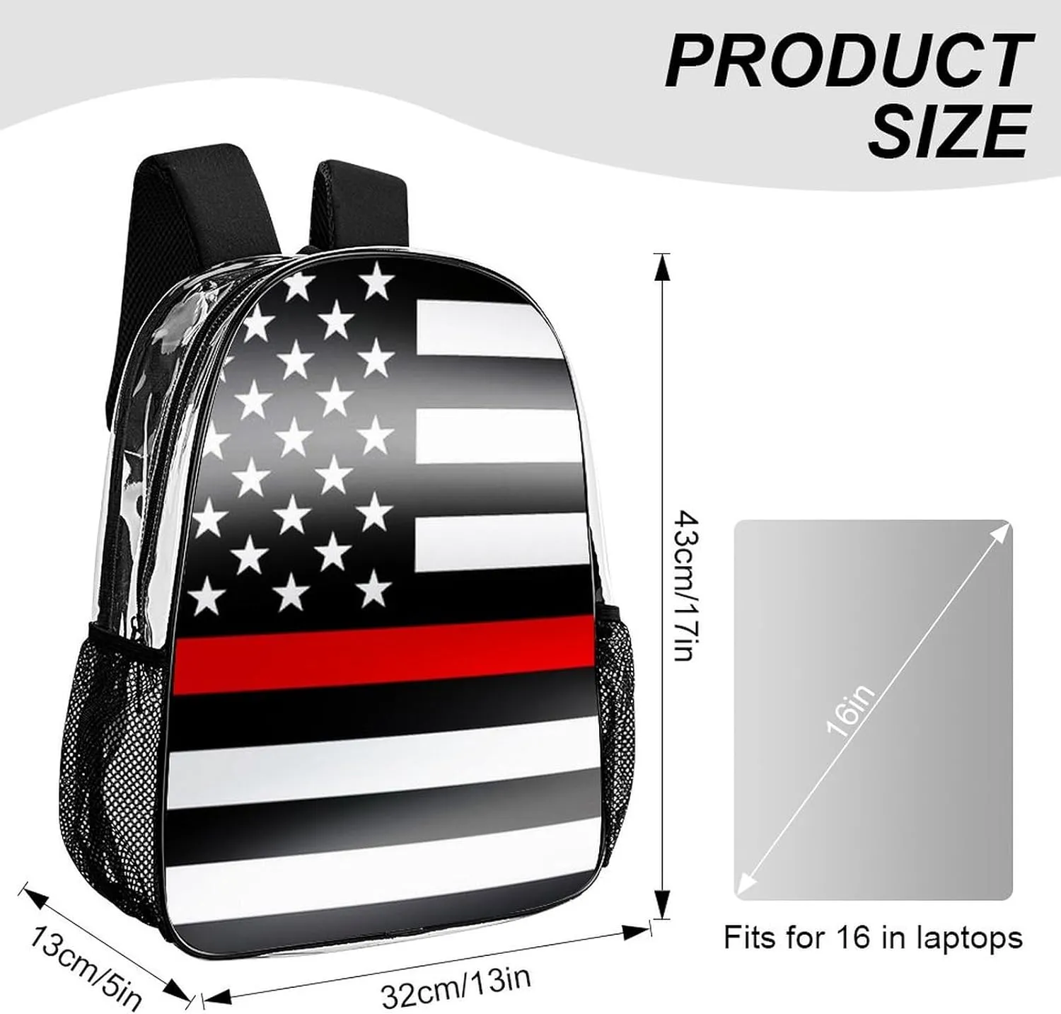 Supdreamc Men Women Lightweight Modernamerican Thin Red Line Flag Casual Daypack Big Capacity Bookbag Transparent Bag for Gym Travel Walking Cycling