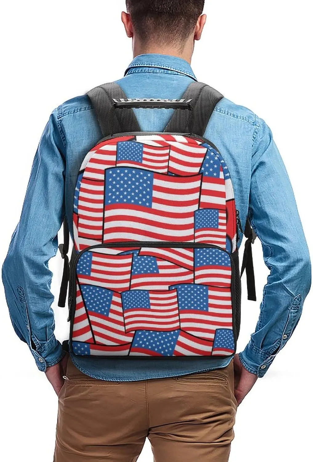 Supdreamc Men Women Polyester American Flags Daypack Big Capacity Shoulder Bag With Smooth Zippers for Hiking Work Walking Cycling
