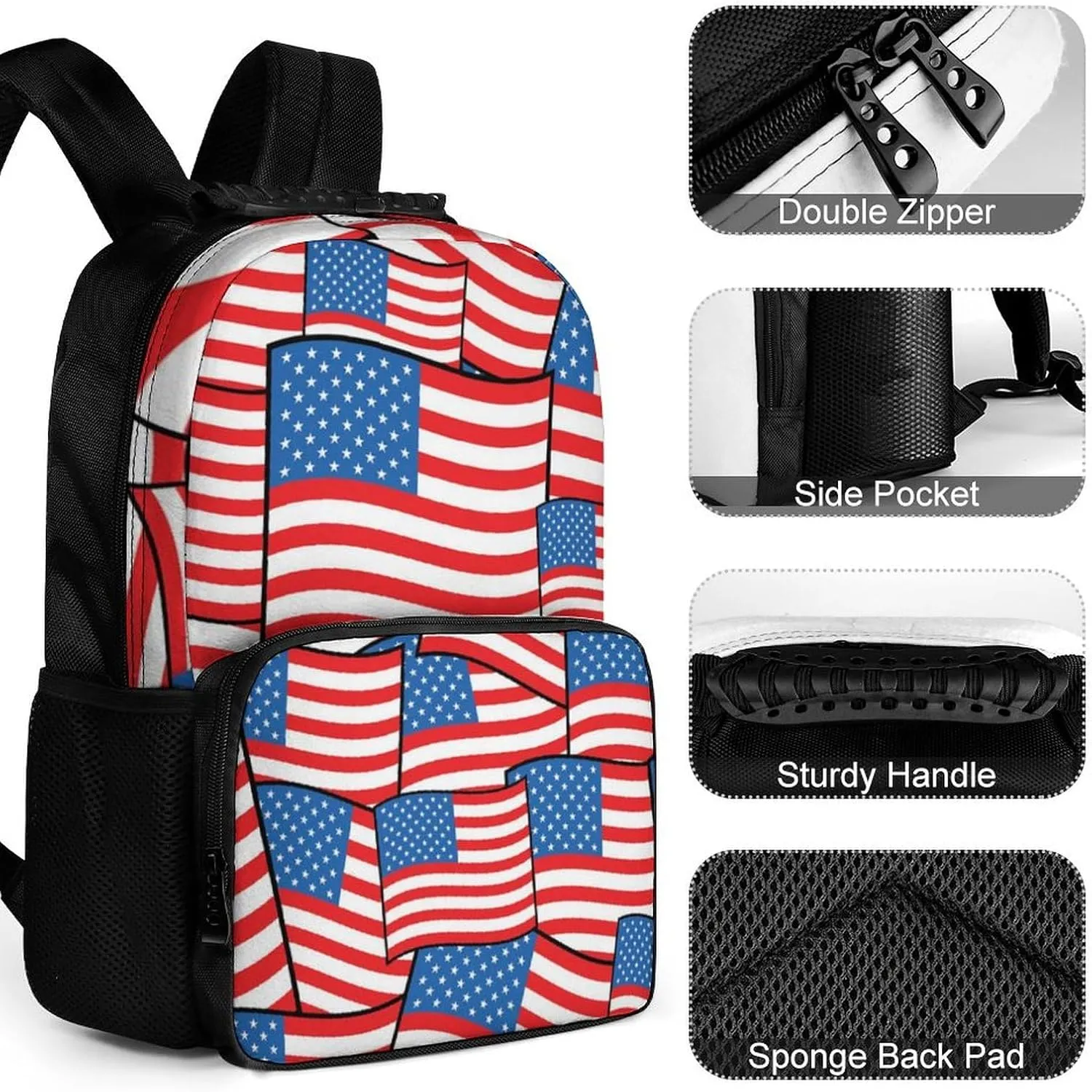 Supdreamc Men Women Polyester American Flags Daypack Big Capacity Shoulder Bag With Smooth Zippers for Hiking Work Walking Cycling