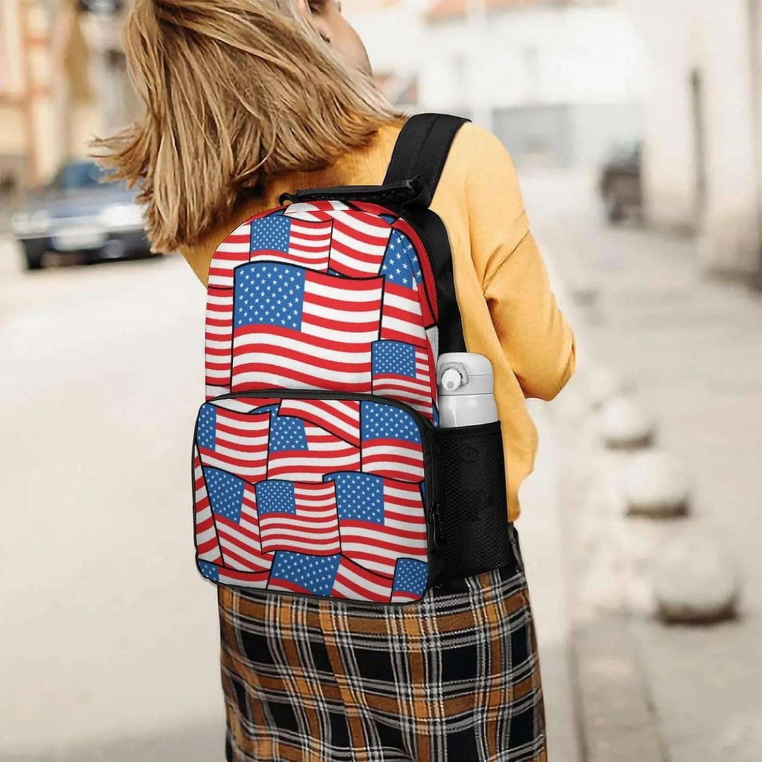 Supdreamc Men Women Polyester American Flags Daypack Big Capacity Shoulder Bag With Smooth Zippers for Hiking Work Walking Cycling