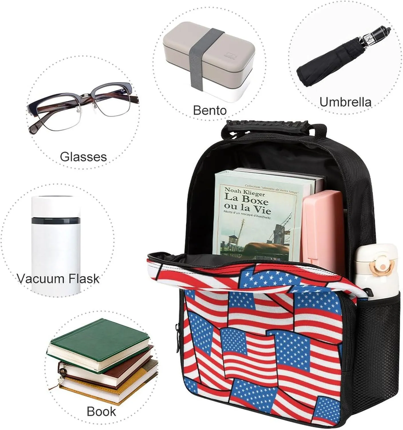 Supdreamc Men Women Polyester American Flags Daypack Big Capacity Shoulder Bag With Smooth Zippers for Hiking Work Walking Cycling