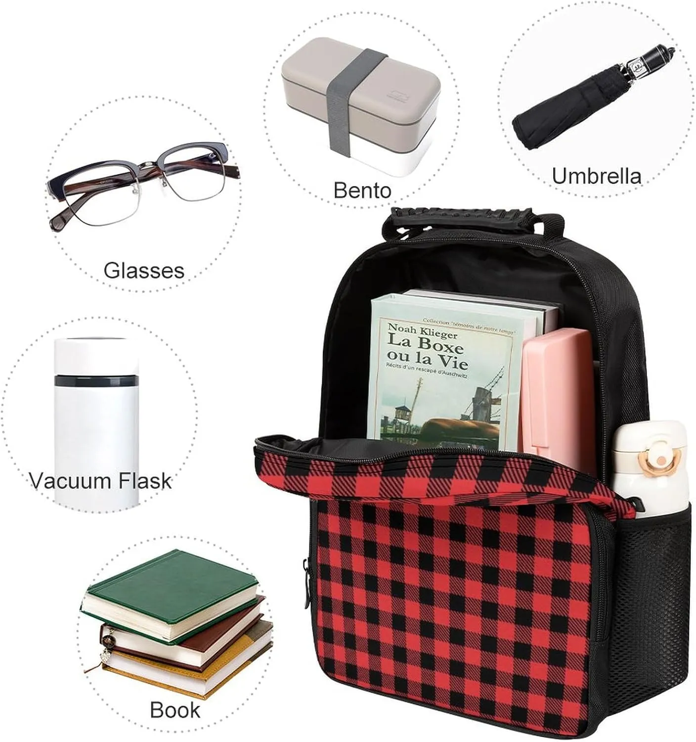 Supdreamc Men Women Polyester Christmas Tartan Red Black Buffalo Check Plaid Daypack Backpack Large Capacity Carry On Bag With Smooth Zippers for Hiking Picnic Walking Cycling