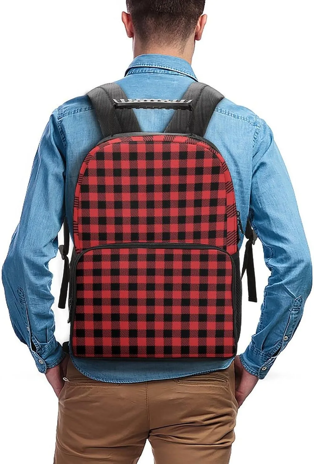 Supdreamc Men Women Polyester Christmas Tartan Red Black Buffalo Check Plaid Daypack Backpack Large Capacity Carry On Bag With Smooth Zippers for Hiking Picnic Walking Cycling