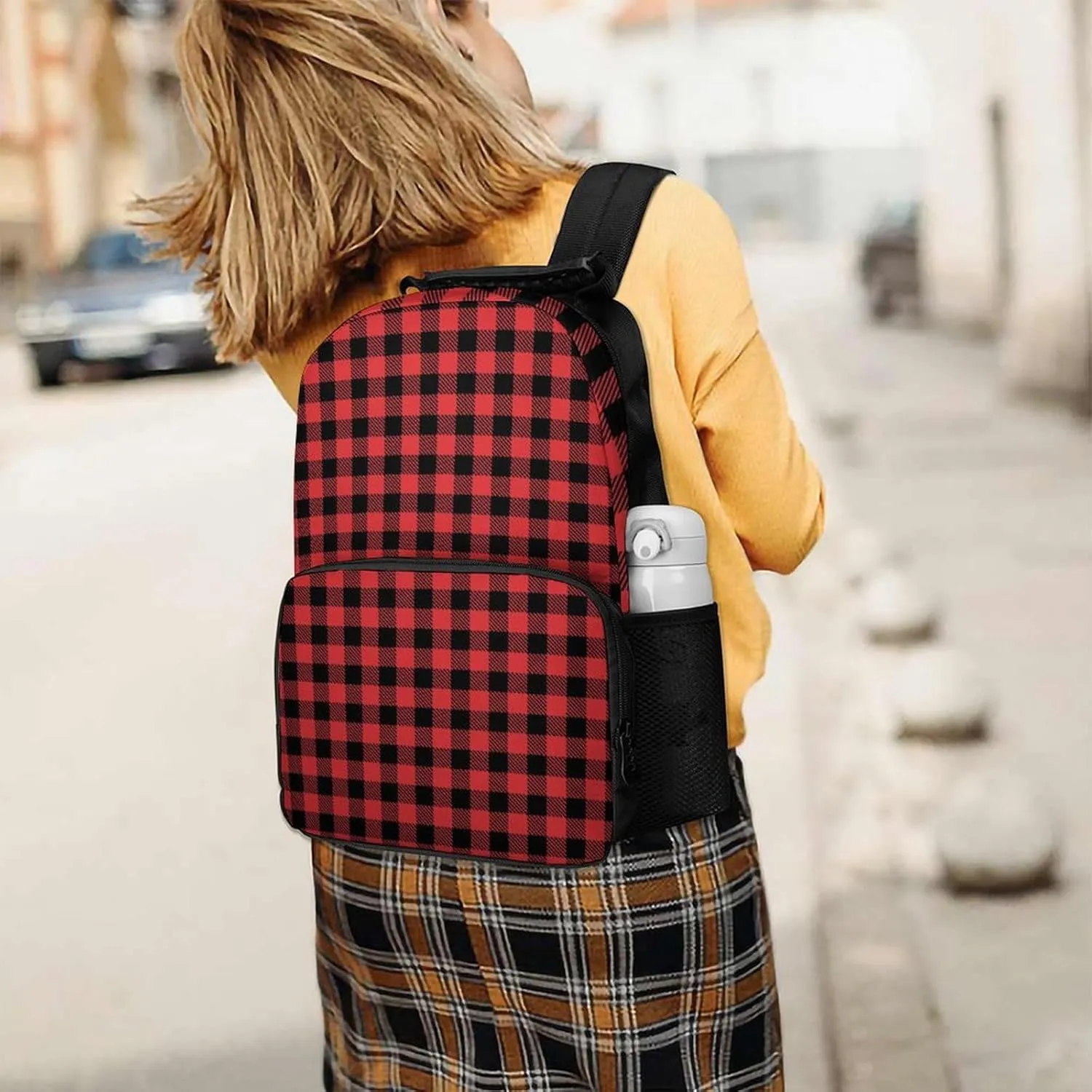 Supdreamc Men Women Polyester Christmas Tartan Red Black Buffalo Check Plaid Daypack Backpack Large Capacity Carry On Bag With Smooth Zippers for Hiking Picnic Walking Cycling