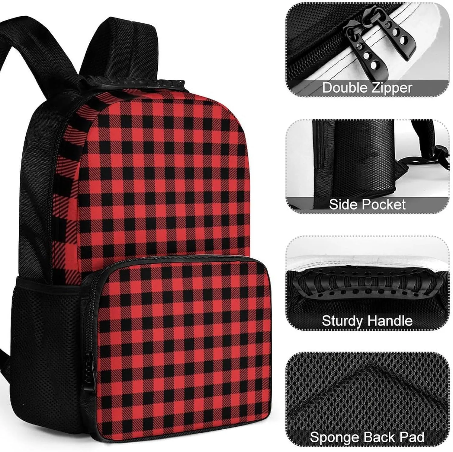 Supdreamc Men Women Polyester Christmas Tartan Red Black Buffalo Check Plaid Daypack Backpack Large Capacity Carry On Bag With Smooth Zippers for Hiking Picnic Walking Cycling