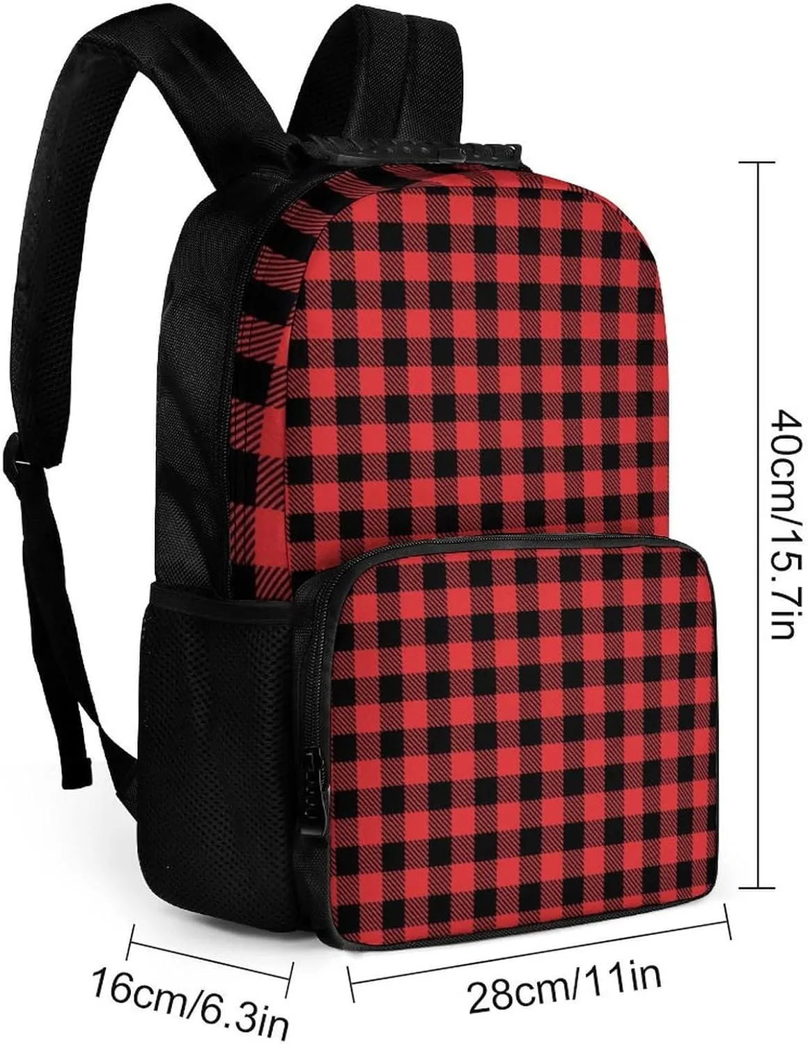 Supdreamc Men Women Polyester Christmas Tartan Red Black Buffalo Check Plaid Daypack Backpack Large Capacity Carry On Bag With Smooth Zippers for Hiking Picnic Walking Cycling