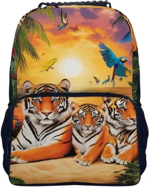 Supdreamc Men Women Polyester Tropical Tiger Animal World King Art Casual Daypack Large Capacity Carry On Bag With Adjustable Shoulder Straps for Camping Work Running