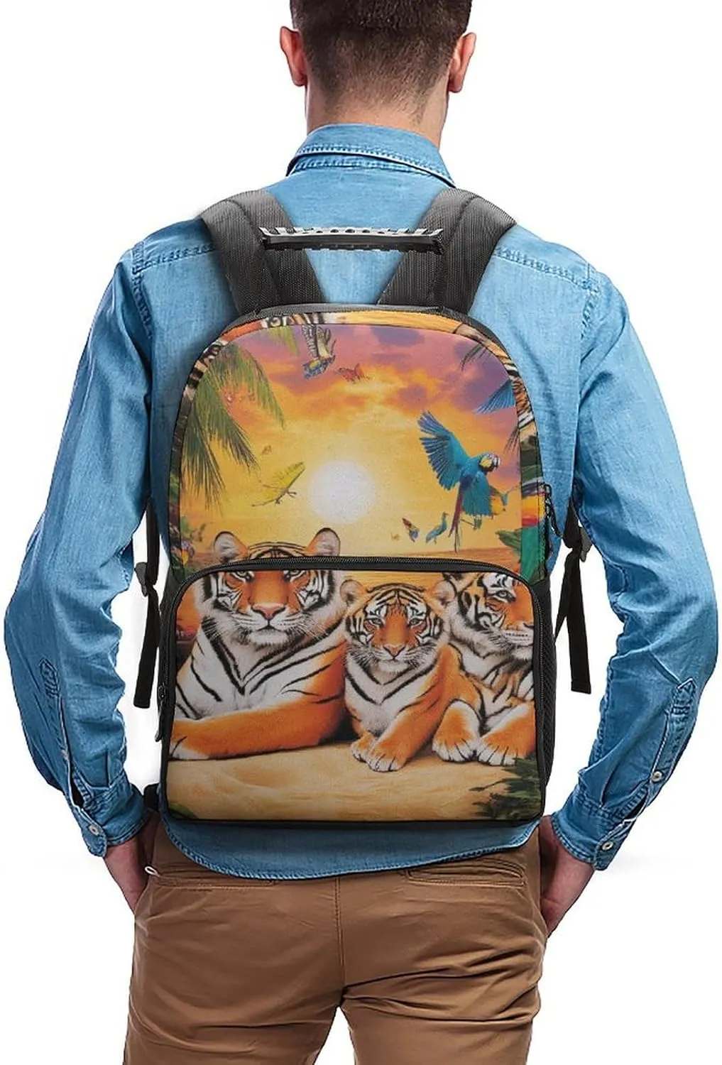 Supdreamc Men Women Polyester Tropical Tiger Animal World King Art Casual Daypack Large Capacity Carry On Bag With Adjustable Shoulder Straps for Camping Work Running