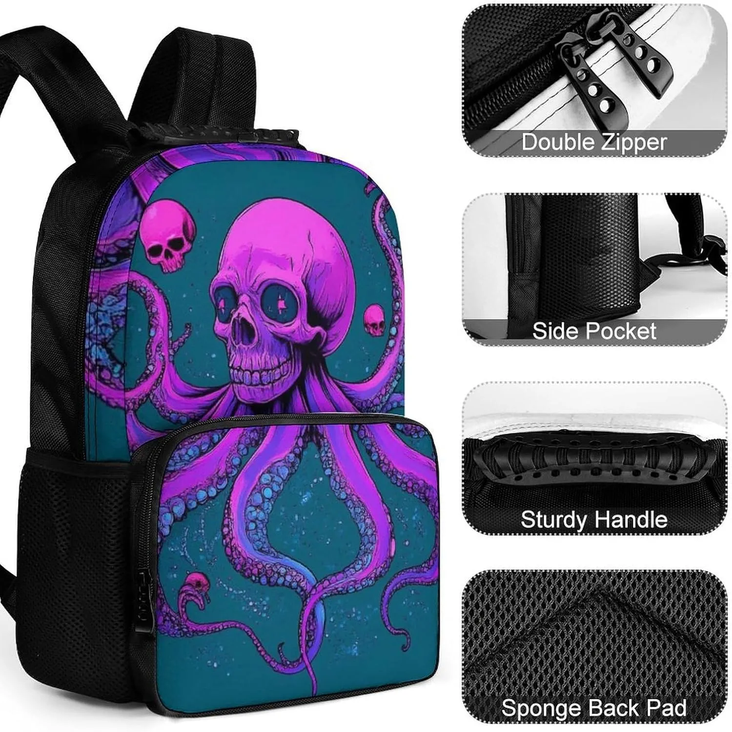 Supdreamc Octopus Skull Art Backpack Polyester Anti-Theft Multipurpose Bookbag Large Capacity Laptop Book Bag Rucksack With Side Pockets