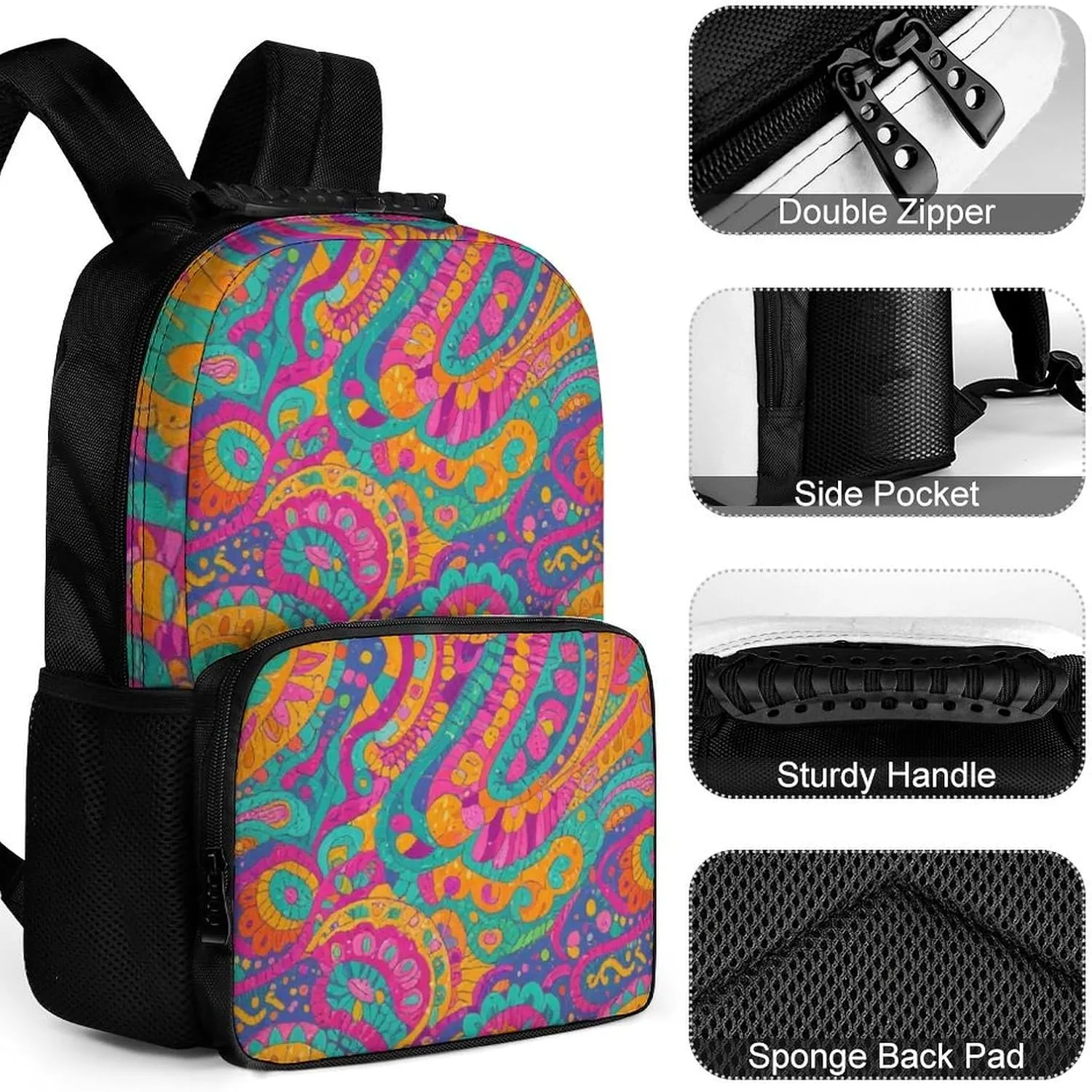 Supdreamc Polyester Daypack Backpack for Climbing Outdoors Running - Big Capacity Multipurpose Anti-Theft Bookbag, Colorful Flowers Leaves Paisley Art Travel Hiking & Camping Rucksack