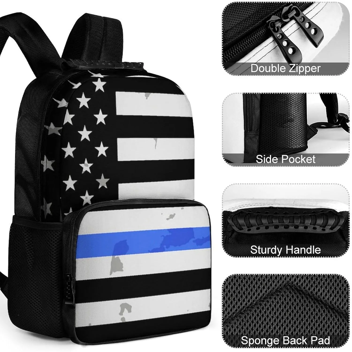 Supdreamc Polyester Daypack Backpack for Trekking Picnic Walking Cycling - Large Capacity Anti-Theft Multipurpose Shoulder Bag, American Thin Blue Line Flag Police Pattern Black Casual Daypack
