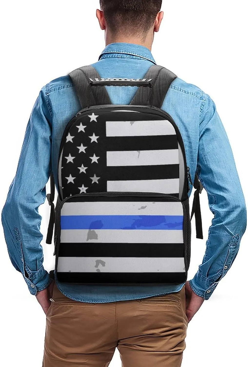 Supdreamc Polyester Daypack Backpack for Trekking Picnic Walking Cycling - Large Capacity Anti-Theft Multipurpose Shoulder Bag, American Thin Blue Line Flag Police Pattern Black Casual Daypack