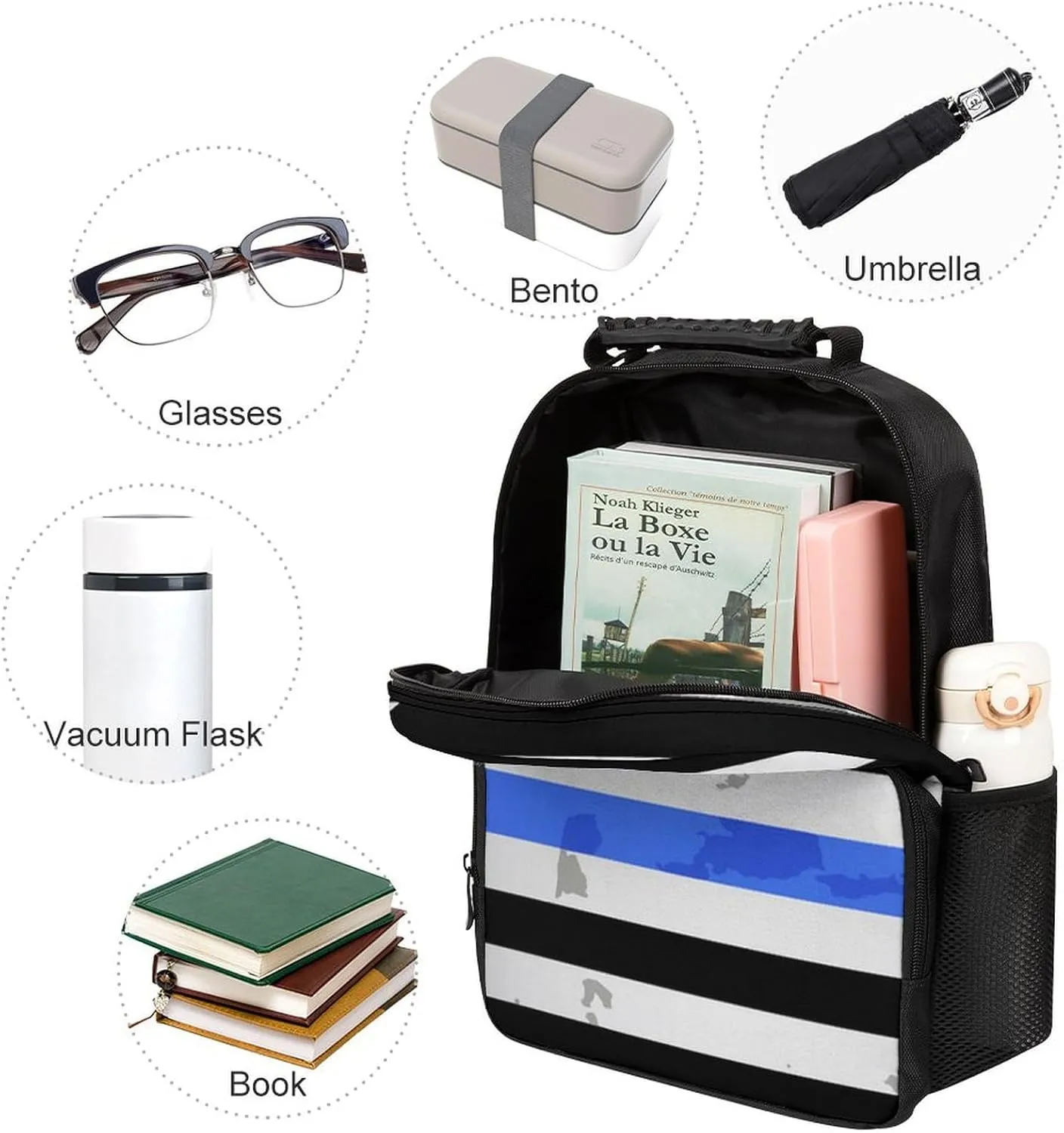 Supdreamc Polyester Daypack Backpack for Trekking Picnic Walking Cycling - Large Capacity Anti-Theft Multipurpose Shoulder Bag, American Thin Blue Line Flag Police Pattern Black Casual Daypack