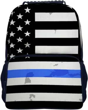 Supdreamc Polyester Daypack Backpack for Trekking Picnic Walking Cycling - Large Capacity Anti-Theft Multipurpose Shoulder Bag, American Thin Blue Line Flag Police Pattern Black Casual Daypack