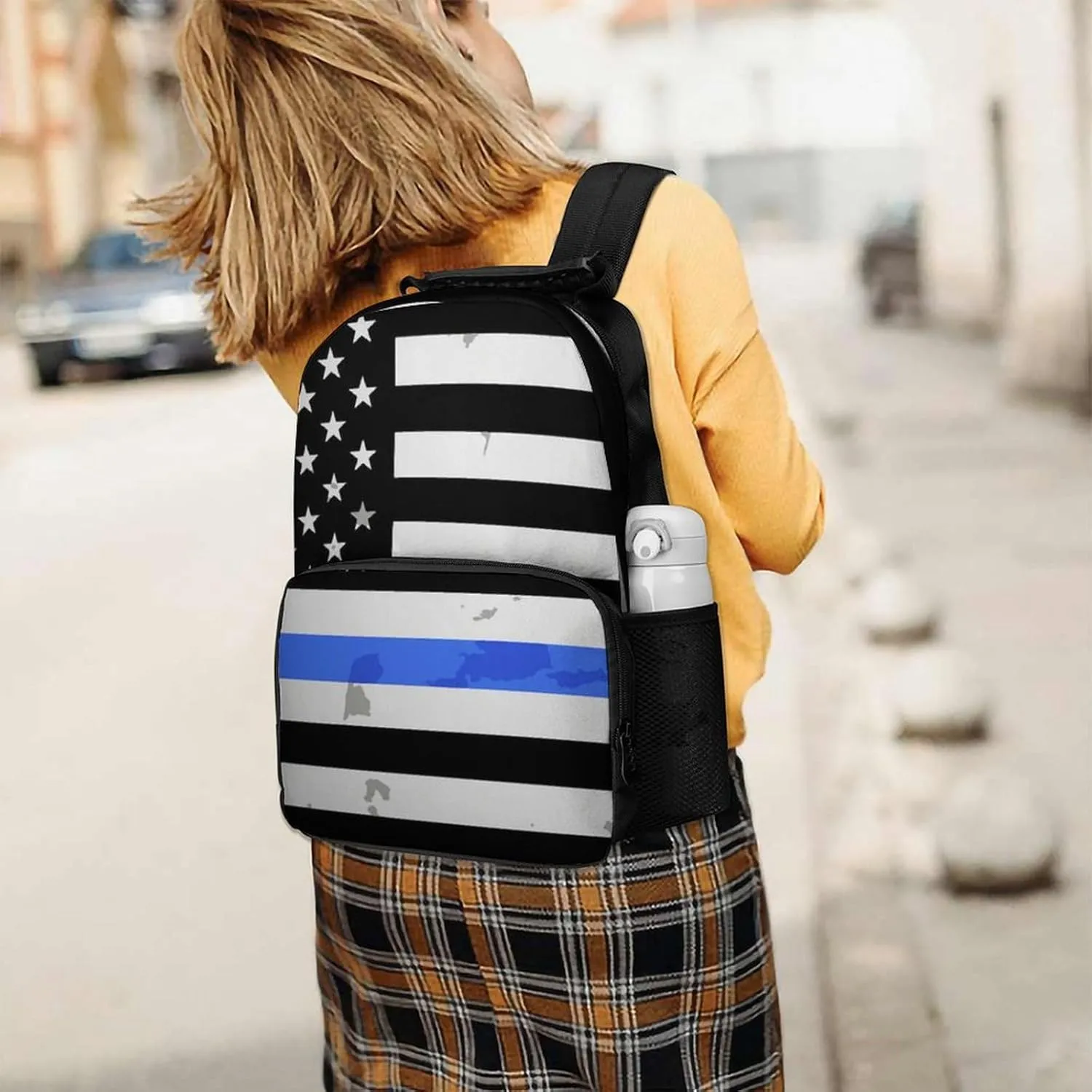 Supdreamc Polyester Daypack Backpack for Trekking Picnic Walking Cycling - Large Capacity Anti-Theft Multipurpose Shoulder Bag, American Thin Blue Line Flag Police Pattern Black Casual Daypack