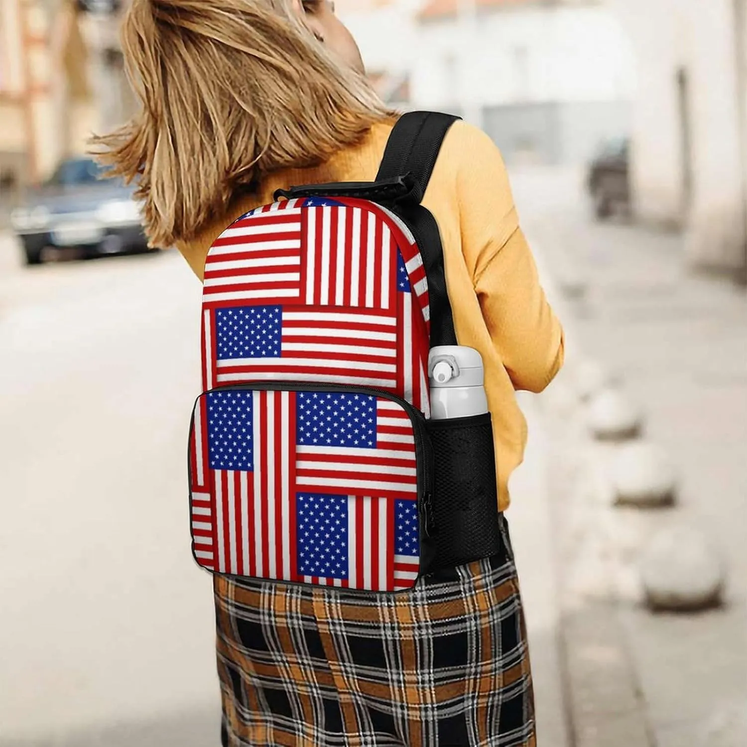 Supdreamc Polyester Daypack Backpack for Trekking Picnic Walking Cycling - Large Capacity Anti-Theft Multipurpose Shoulder Bag, Red Blue White American Flag Casual Daypack