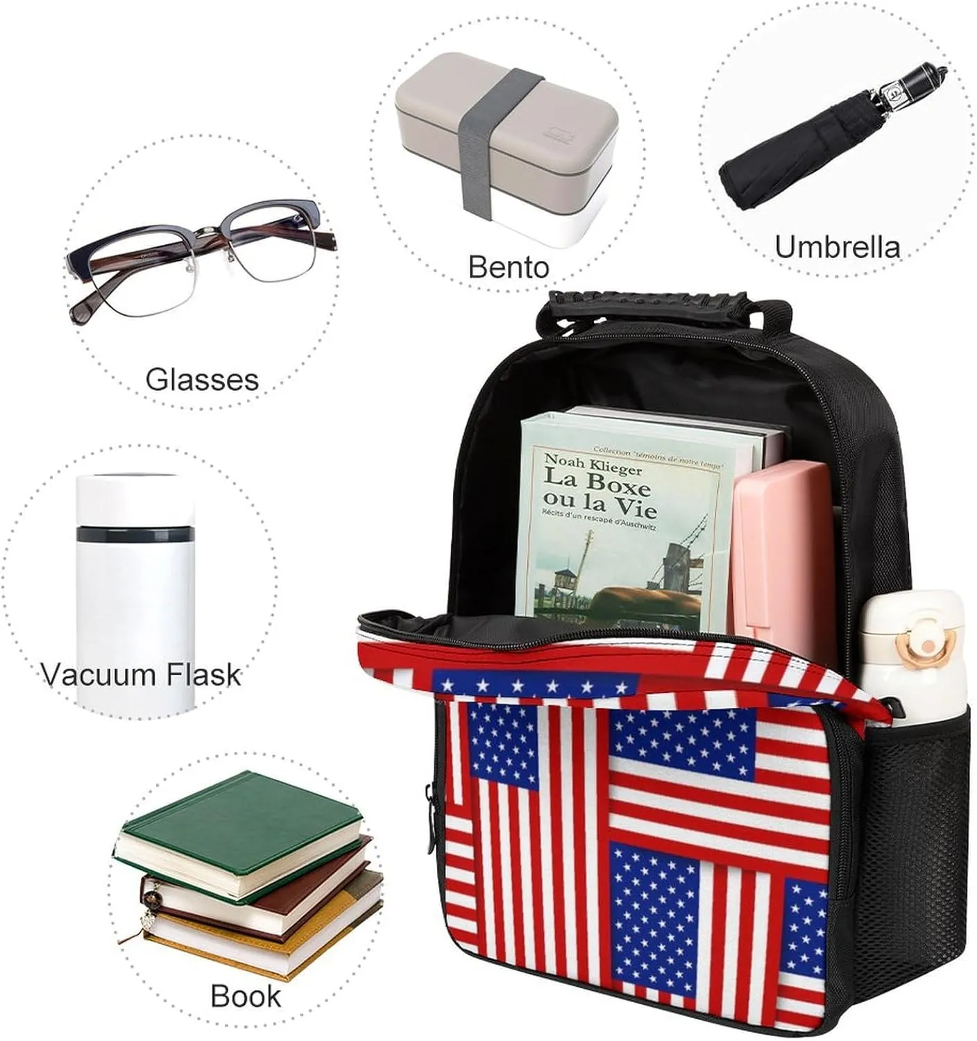 Supdreamc Polyester Daypack Backpack for Trekking Picnic Walking Cycling - Large Capacity Anti-Theft Multipurpose Shoulder Bag, Red Blue White American Flag Casual Daypack