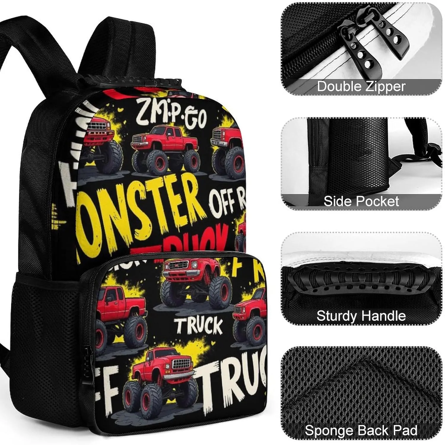 Supdreamc Polyester Daypack Bookbag for Gym Business Bicycle - Large Capacity Multipurpose Anti-Theft Carry On Bag, Red Black Monster Truck Art Travel Hiking Daypack