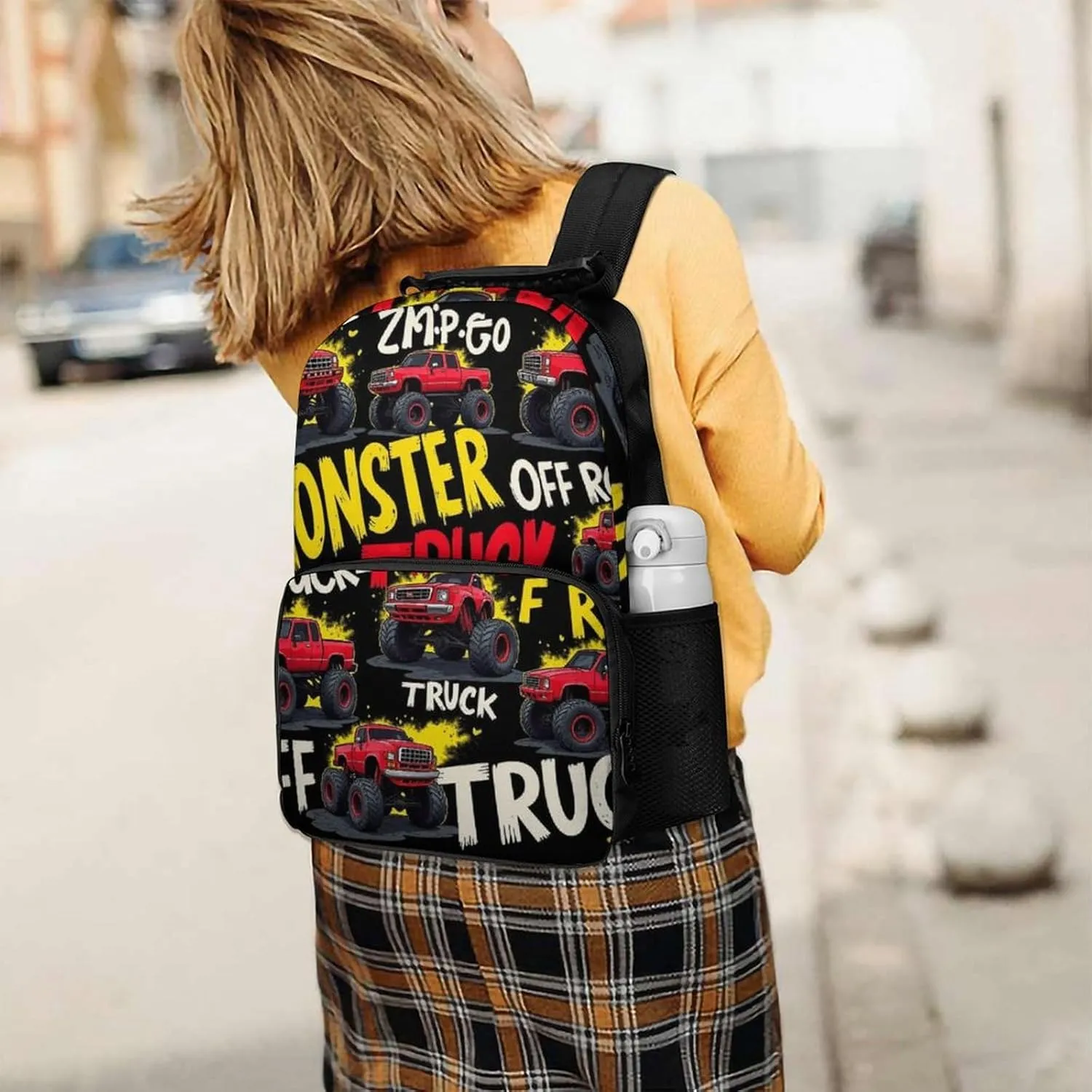 Supdreamc Polyester Daypack Bookbag for Gym Business Bicycle - Large Capacity Multipurpose Anti-Theft Carry On Bag, Red Black Monster Truck Art Travel Hiking Daypack