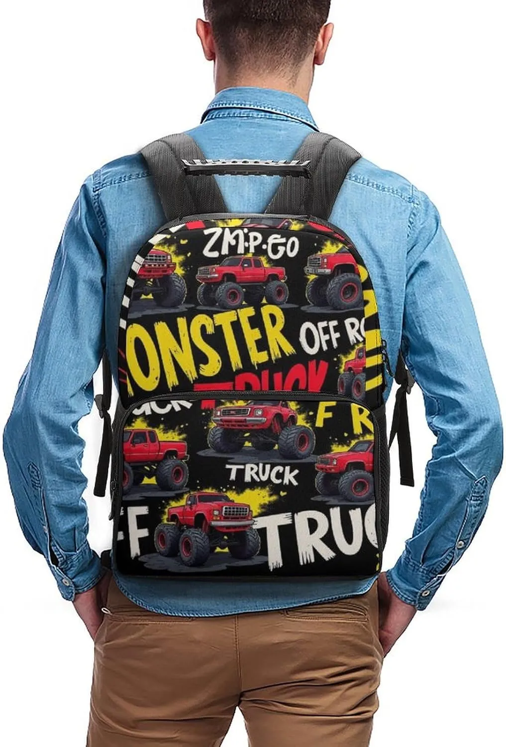 Supdreamc Polyester Daypack Bookbag for Gym Business Bicycle - Large Capacity Multipurpose Anti-Theft Carry On Bag, Red Black Monster Truck Art Travel Hiking Daypack