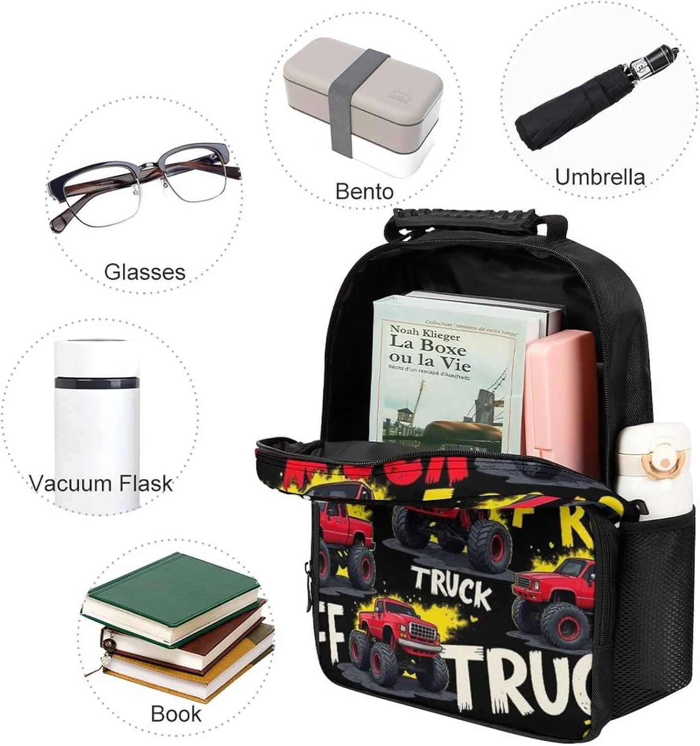 Supdreamc Polyester Daypack Bookbag for Gym Business Bicycle - Large Capacity Multipurpose Anti-Theft Carry On Bag, Red Black Monster Truck Art Travel Hiking Daypack