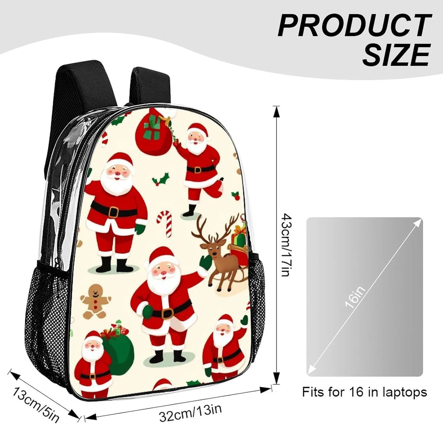 Supdreamc Transparent Daypack Backpack for Trekking Picnic Walking Cycling - Large Capacity Anti-Theft Multipurpose Shoulder Bag, Cute Cartoon Santa Claus Christmas Casual Daypack