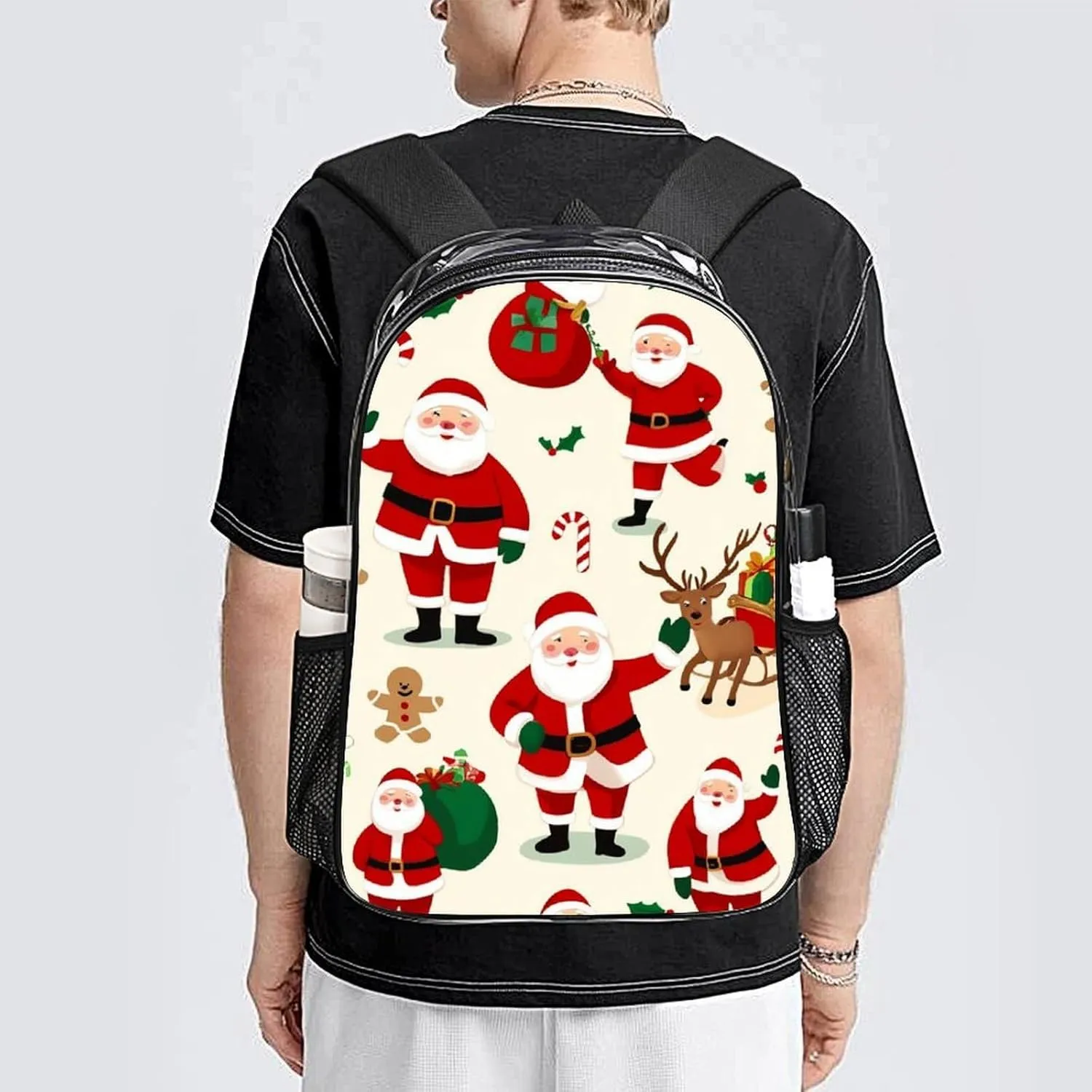 Supdreamc Transparent Daypack Backpack for Trekking Picnic Walking Cycling - Large Capacity Anti-Theft Multipurpose Shoulder Bag, Cute Cartoon Santa Claus Christmas Casual Daypack