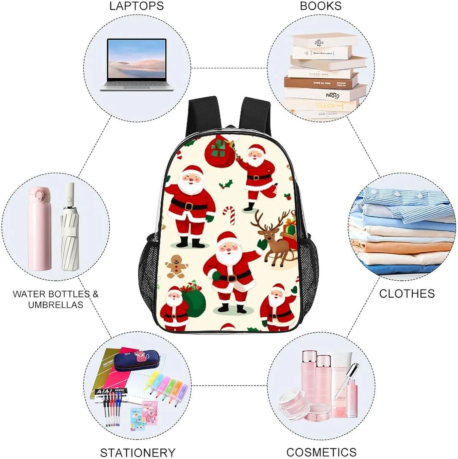 Supdreamc Transparent Daypack Backpack for Trekking Picnic Walking Cycling - Large Capacity Anti-Theft Multipurpose Shoulder Bag, Cute Cartoon Santa Claus Christmas Casual Daypack