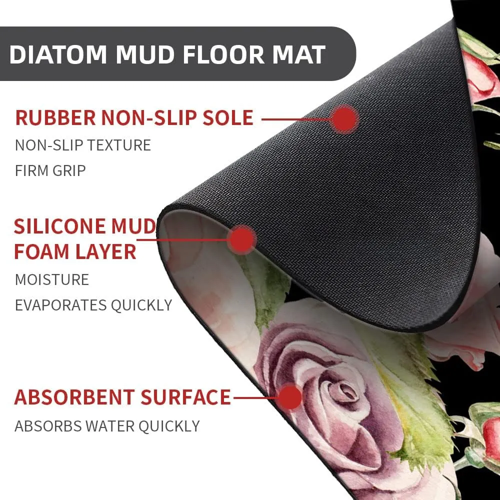 Super Absorbent Diatomaceous Earth Stone Bath Mat,Adorable Peony Flower Quick-Drying Bathroom Carpets,Non Slip Bathtub Floor Mat，Easy to Clean, Simple Kitchen Doormat(Oval 50×80cm)