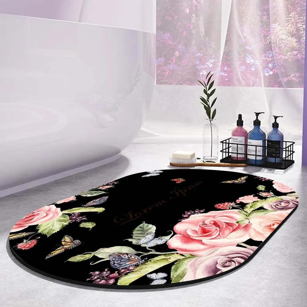 Super Absorbent Diatomaceous Earth Stone Bath Mat,Adorable Peony Flower Quick-Drying Bathroom Carpets,Non Slip Bathtub Floor Mat，Easy to Clean, Simple Kitchen Doormat(Oval 50×80cm)