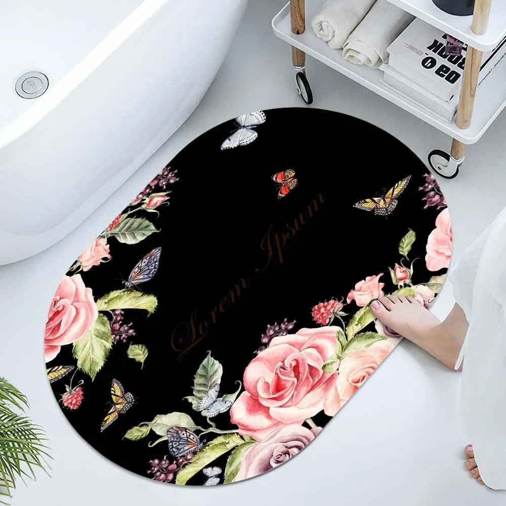 Super Absorbent Diatomaceous Earth Stone Bath Mat,Adorable Peony Flower Quick-Drying Bathroom Carpets,Non Slip Bathtub Floor Mat，Easy to Clean, Simple Kitchen Doormat(Oval 50×80cm)
