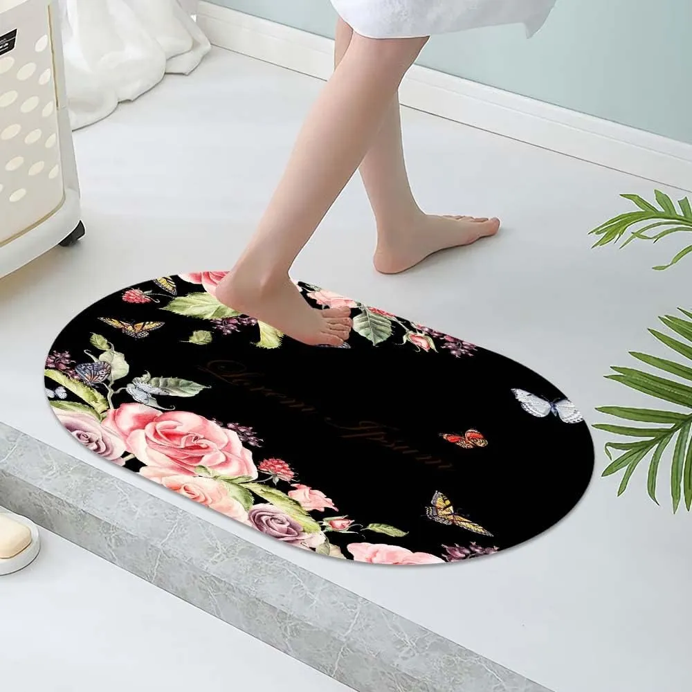 Super Absorbent Diatomaceous Earth Stone Bath Mat,Adorable Peony Flower Quick-Drying Bathroom Carpets,Non Slip Bathtub Floor Mat，Easy to Clean, Simple Kitchen Doormat(Oval 50×80cm)