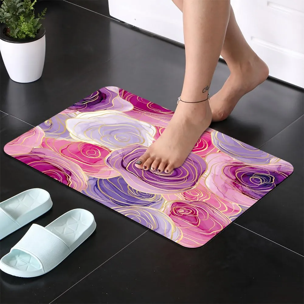 Super Absorbent Diatomaceous Earth Stone Bath Mat,Coloured Rose Quick-Drying Bathroom Carpets,Non Slip Bathtub Floor Mat，Easy to Clean, Simple Kitchen Doormat(Square 40×60cm)