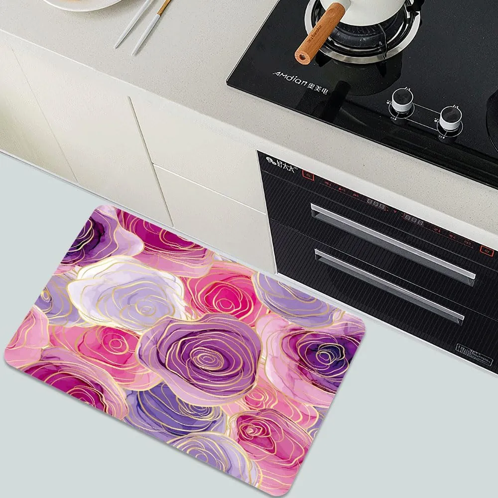 Super Absorbent Diatomaceous Earth Stone Bath Mat,Coloured Rose Quick-Drying Bathroom Carpets,Non Slip Bathtub Floor Mat，Easy to Clean, Simple Kitchen Doormat(Square 40×60cm)