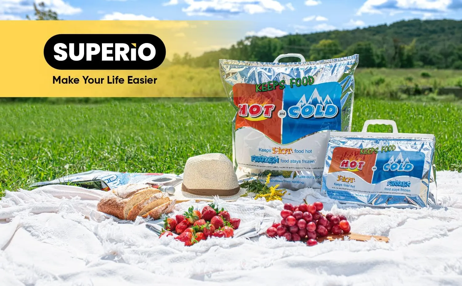 Superio Hot and Cold Insulated Bags for Food Delivery, Grocery Shopping Bags, Food Storage for Hot and Frozen Food for Travel, Disposable Cooler Bag, Reinforced Thermal Lunch Bag (4, 16"x5.5"x19")