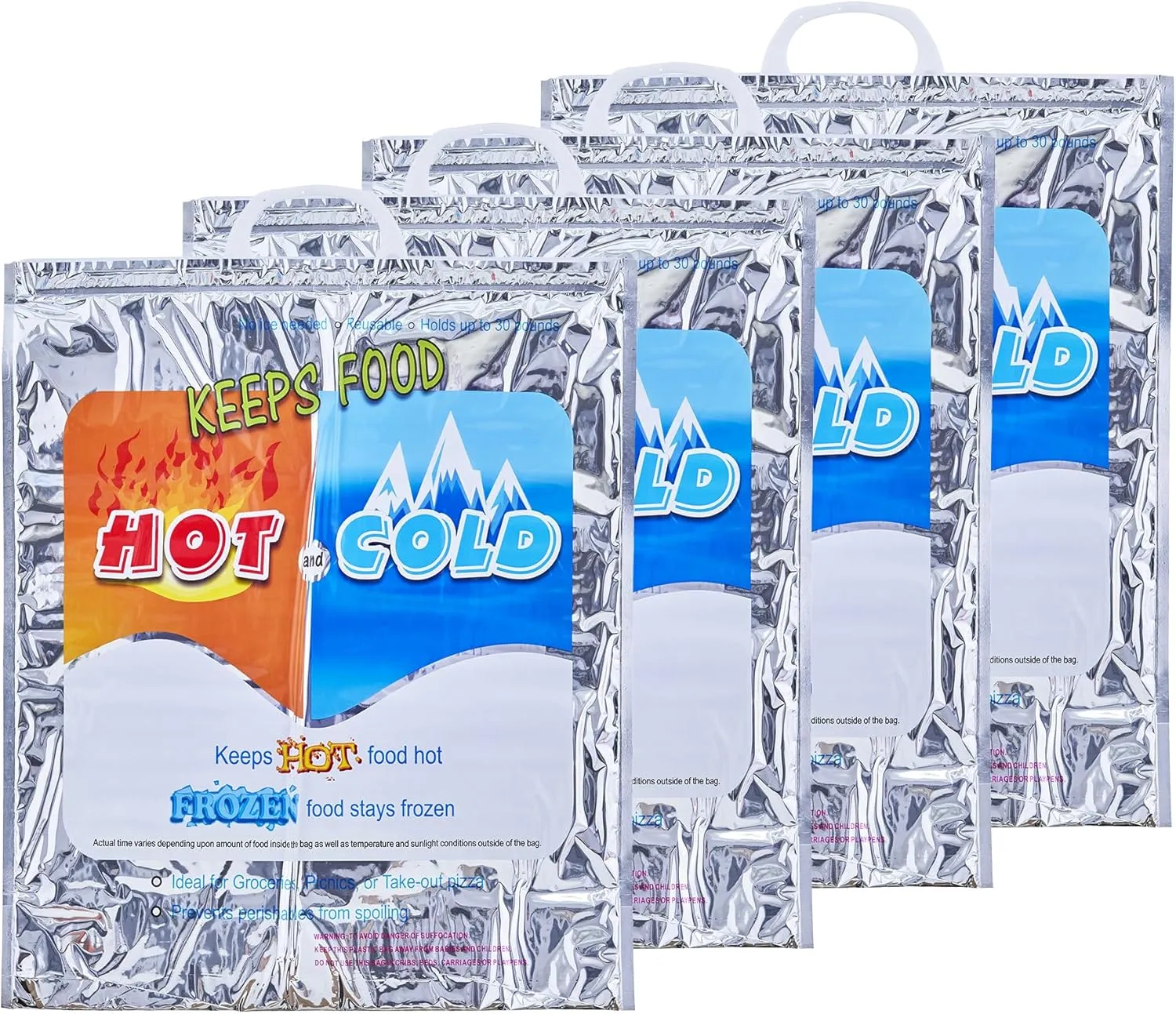 Superio Hot and Cold Insulated Bags for Food Delivery, Grocery Shopping Bags, Food Storage for Hot and Frozen Food for Travel, Disposable Cooler Bag, Reinforced Thermal Lunch Bag (4, 16"x5.5"x19")