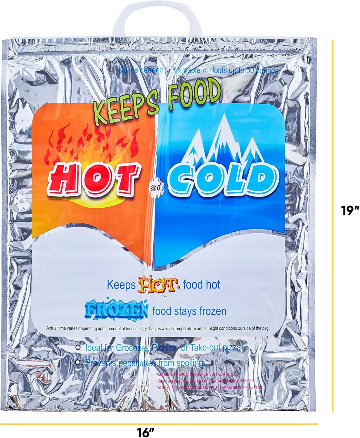 Superio Hot and Cold Insulated Bags for Food Delivery, Grocery Shopping Bags, Food Storage for Hot and Frozen Food for Travel, Disposable Cooler Bag, Reinforced Thermal Lunch Bag (4, 16"x5.5"x19")