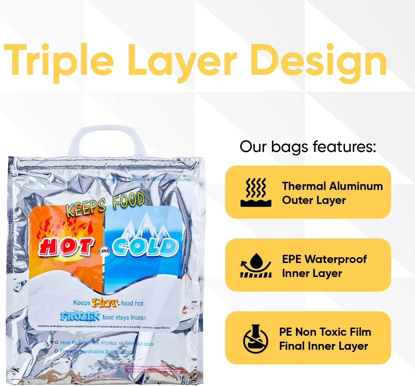 Superio Hot and Cold Insulated Bags for Food Delivery, Grocery Shopping Bags, Food Storage for Hot and Frozen Food for Travel, Disposable Cooler Bag, Reinforced Thermal Lunch Bag (4, 16"x5.5"x19")