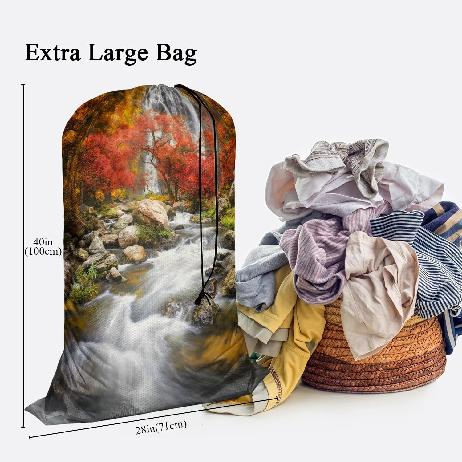 Swono Waterfall 1 Pack Laundry Bag, Autumn Scenery Mountain Stream Rock Landscape 28x40 Inches Rips & Tears Resistant Large Dirty Clothes Storage Bag, Machine Washable, Heavy Duty Laundry Hamper Liner