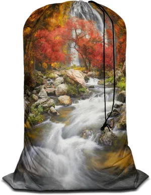 Swono Waterfall 1 Pack Laundry Bag, Autumn Scenery Mountain Stream Rock Landscape 28x40 Inches Rips & Tears Resistant Large Dirty Clothes Storage Bag, Machine Washable, Heavy Duty Laundry Hamper Liner
