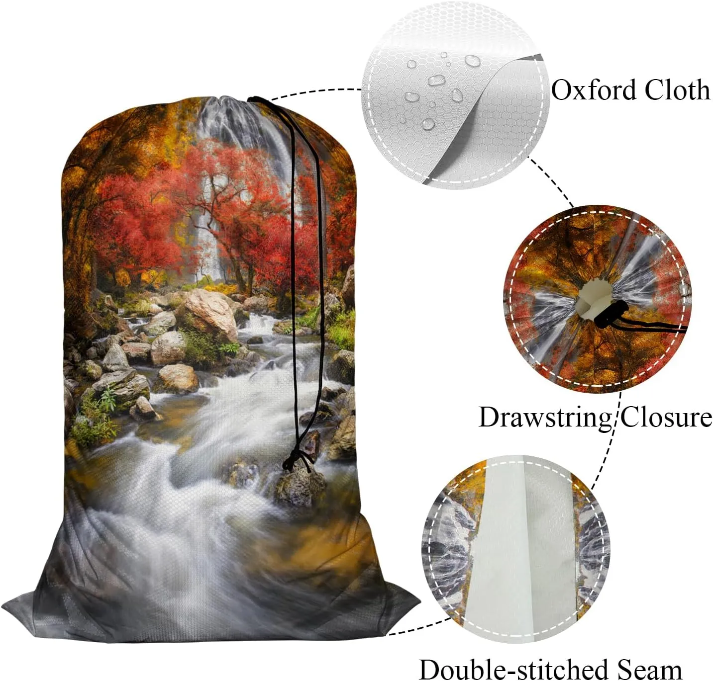 Swono Waterfall 1 Pack Laundry Bag, Autumn Scenery Mountain Stream Rock Landscape 28x40 Inches Rips & Tears Resistant Large Dirty Clothes Storage Bag, Machine Washable, Heavy Duty Laundry Hamper Liner