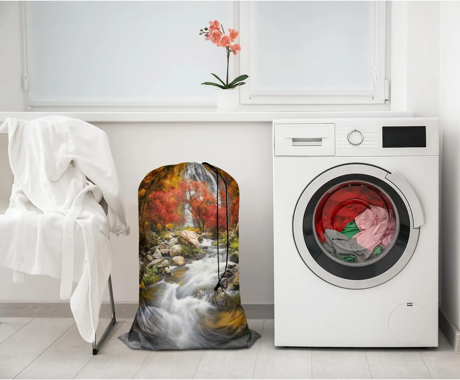 Swono Waterfall 1 Pack Laundry Bag, Autumn Scenery Mountain Stream Rock Landscape 28x40 Inches Rips & Tears Resistant Large Dirty Clothes Storage Bag, Machine Washable, Heavy Duty Laundry Hamper Liner