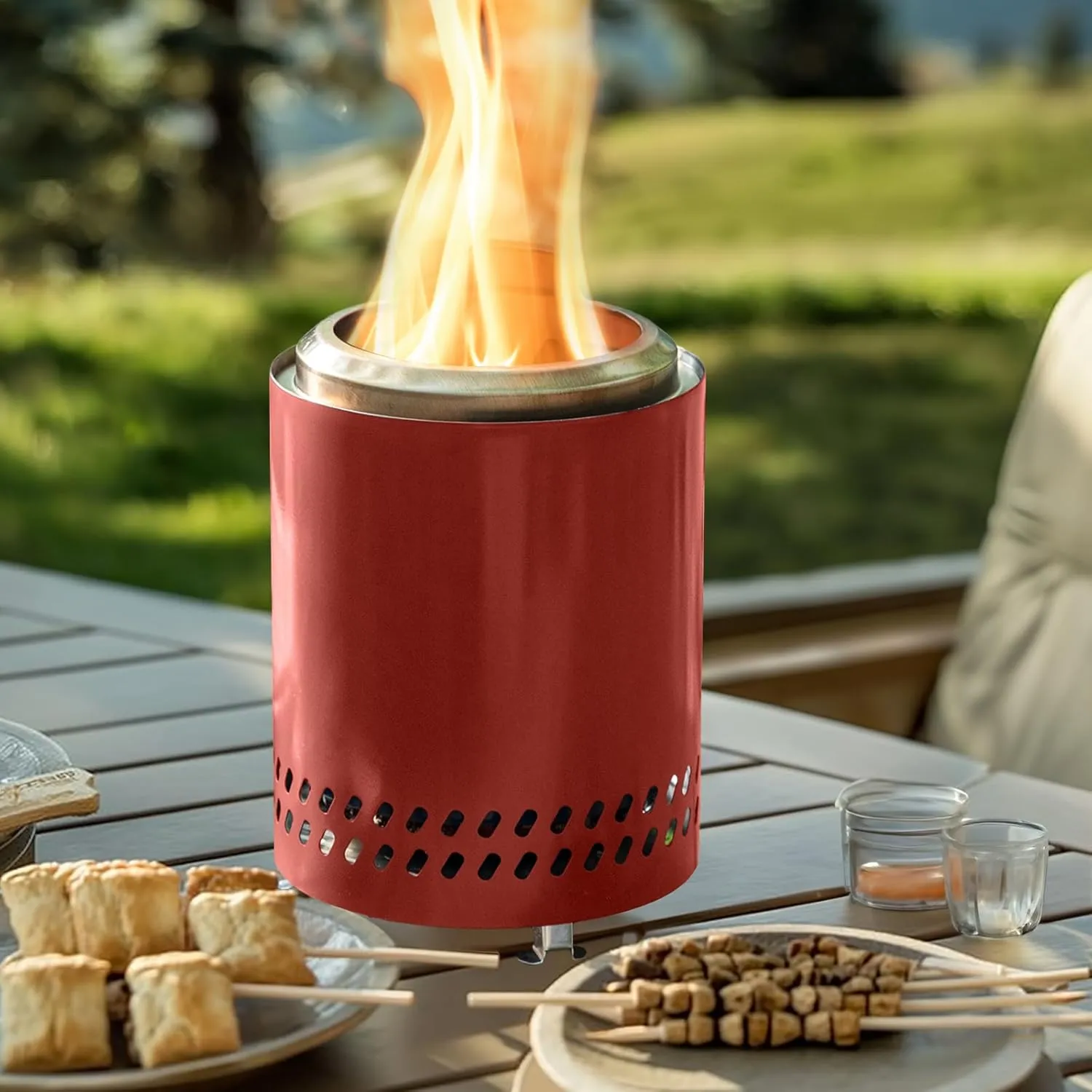 Tabletop Fire Pit, 7.0 Inch Smokeless Camping Stove for Camping, Outdoor & Patio- Wood Burning or Pellet Fueled Portable Bonfire, with Travel Bag, 2.7lbs - Red
