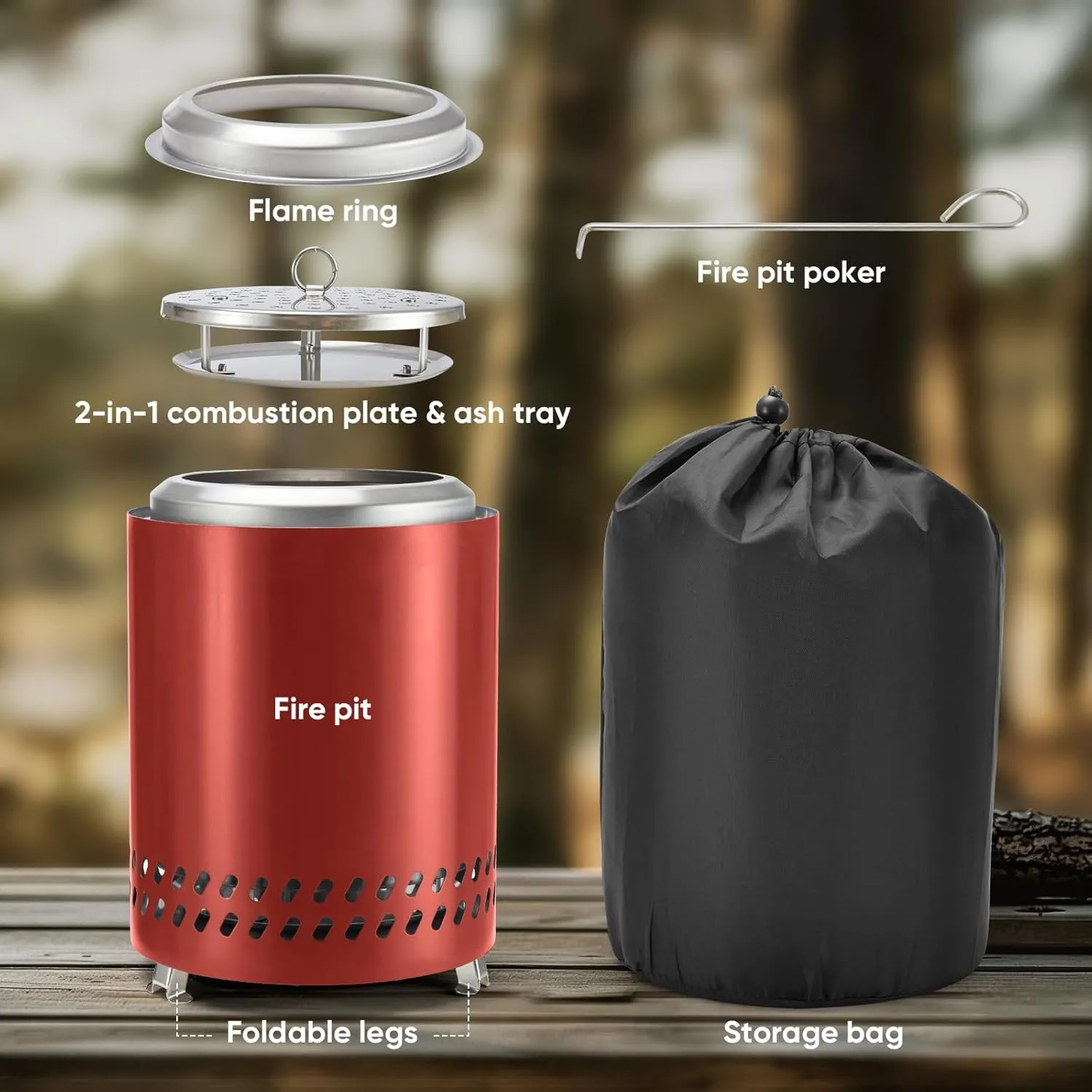 Tabletop Fire Pit, 7.0 Inch Smokeless Camping Stove for Camping, Outdoor & Patio- Wood Burning or Pellet Fueled Portable Bonfire, with Travel Bag, 2.7lbs - Red